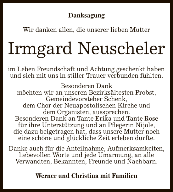 Anzeige von Irmgard Neuscheler von Reutlinger General-Anzeiger