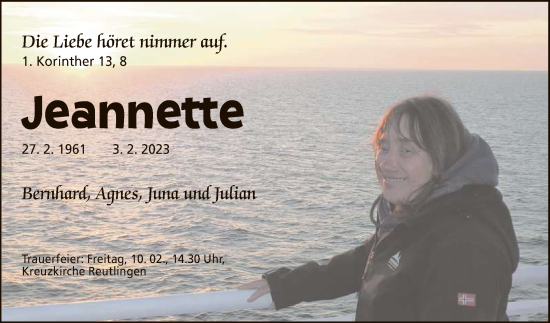Anzeige von Jeannette  von Reutlinger General-Anzeiger