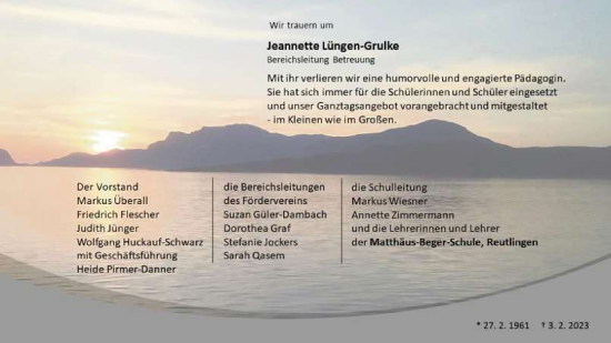 Anzeige von Jeannette Lüngen-Grulke von Reutlinger General-Anzeiger