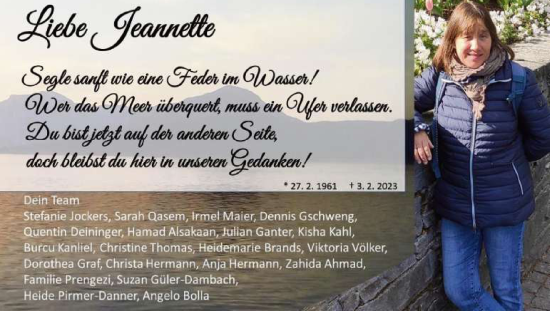 Anzeige von Jeannette Lüngen-Grulke von Reutlinger General-Anzeiger