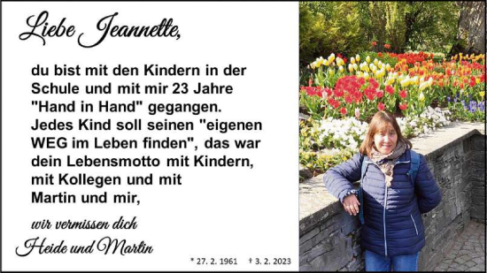 Anzeige von Jeannette Lüngen-Grulke von Reutlinger General-Anzeiger