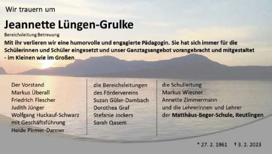 Anzeige von Jeannette Lüngen-Grulke von Reutlinger General-Anzeiger