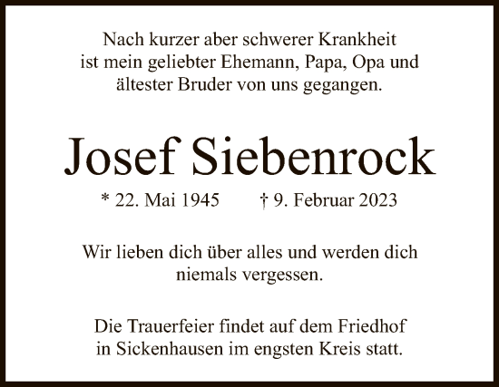 Anzeige von Josef Siebenrock von Reutlinger General-Anzeiger