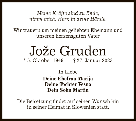 Anzeige von Joze Gruden von Reutlinger General-Anzeiger