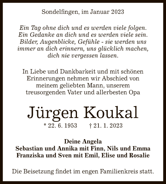 Anzeige von Jürgen Koukal von Reutlinger General-Anzeiger