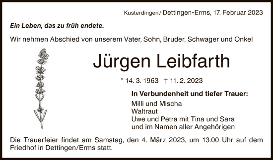 Anzeige von Jürgen Leibfarth von Reutlinger General-Anzeiger