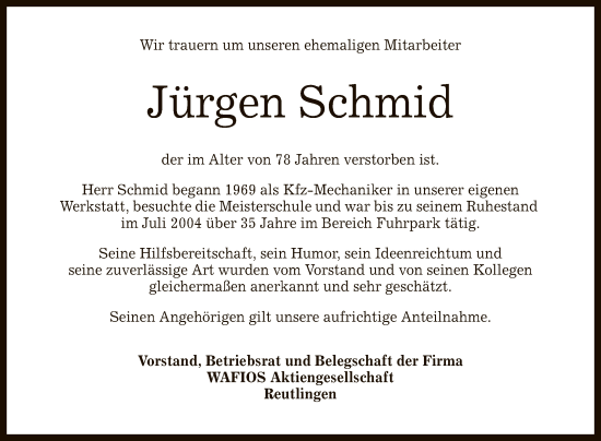 Anzeige von Jürgen Schmid von Reutlinger General-Anzeiger