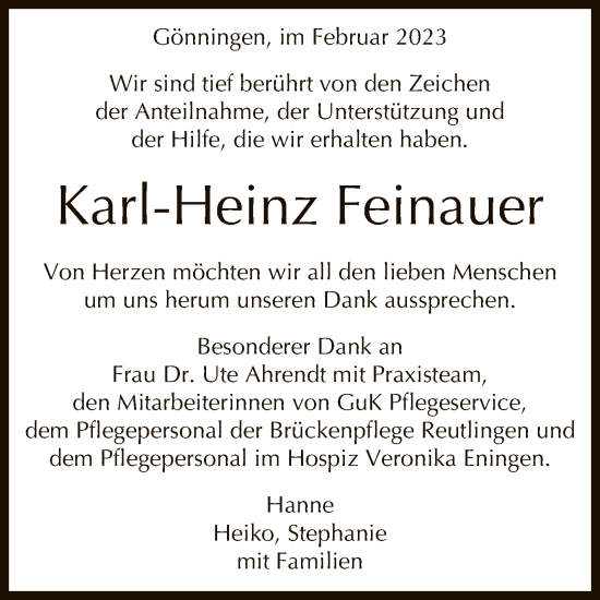 Anzeige von Karl-Heinz Feinauer von Reutlinger General-Anzeiger