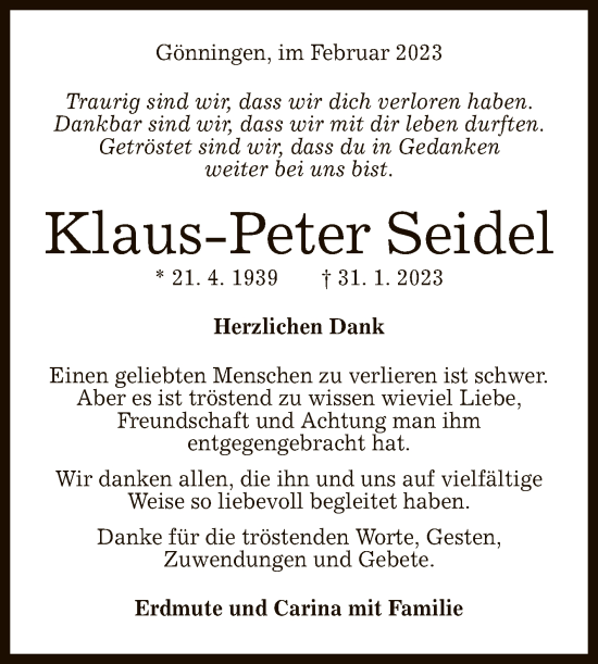 Anzeige von Klaus-Peter Seidel von Reutlinger General-Anzeiger