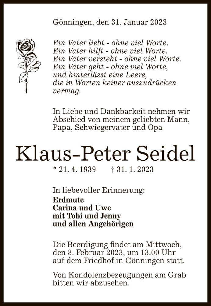  Traueranzeige für Klaus-Peter Seidel vom 04.02.2023 aus Reutlinger General-Anzeiger