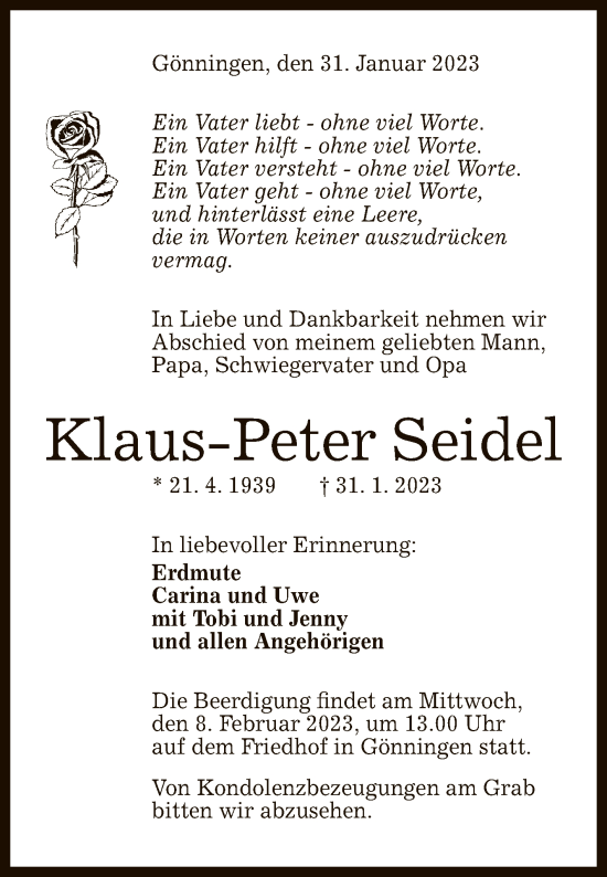 Anzeige von Klaus-Peter Seidel von Reutlinger General-Anzeiger