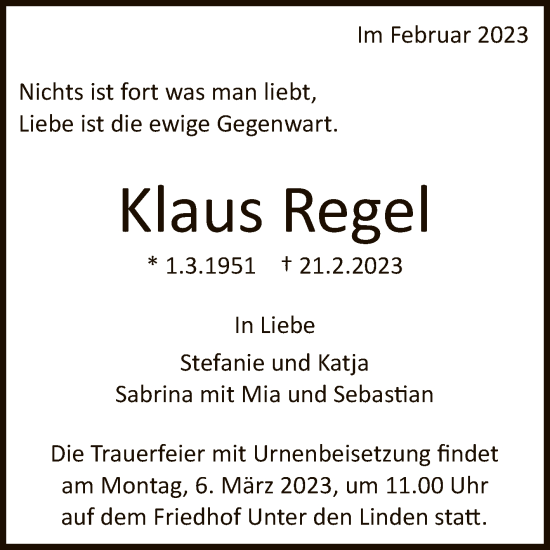 Anzeige von Klaus Regel von Reutlinger General-Anzeiger