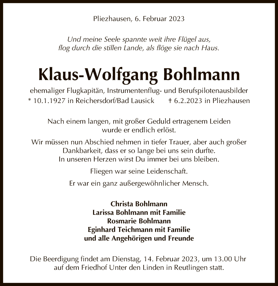  Traueranzeige für Klaus-Wolfgang Bohlmann vom 11.02.2023 aus Reutlinger General-Anzeiger