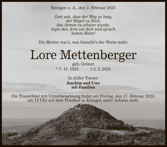 Anzeige von Lore Mettenberger von Reutlinger General-Anzeiger