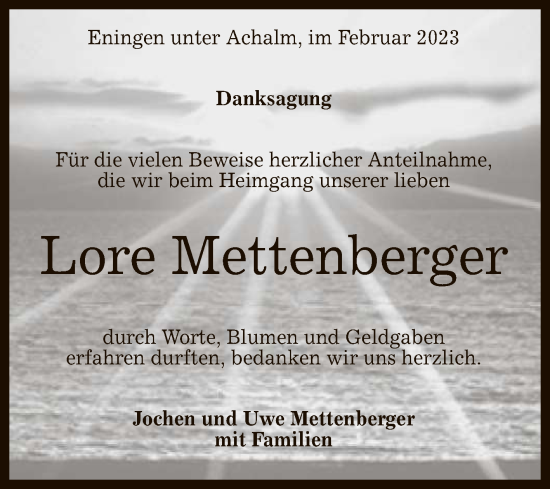 Anzeige von Lore Mettenberger von Reutlinger General-Anzeiger