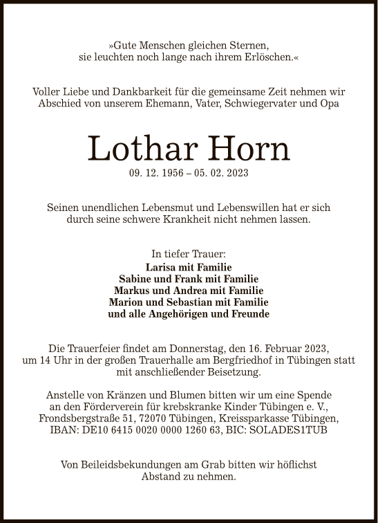 Anzeige von Lothar Horn von Reutlinger General-Anzeiger