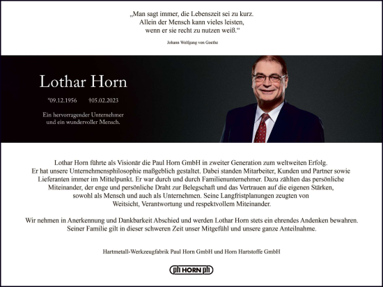 Anzeige von Lothar Horn von Reutlinger General-Anzeiger