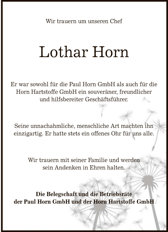 Anzeige von Lothar Horn von Reutlinger General-Anzeiger