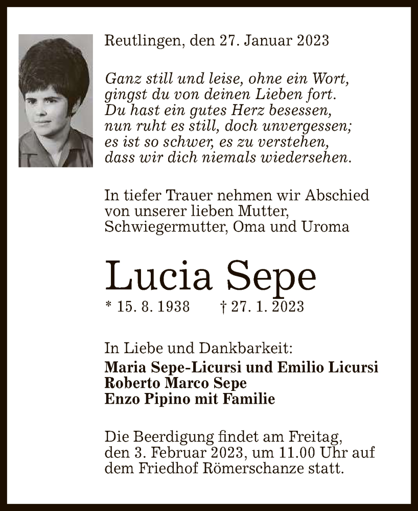  Traueranzeige für Lucia Sepe vom 01.02.2023 aus Reutlinger General-Anzeiger