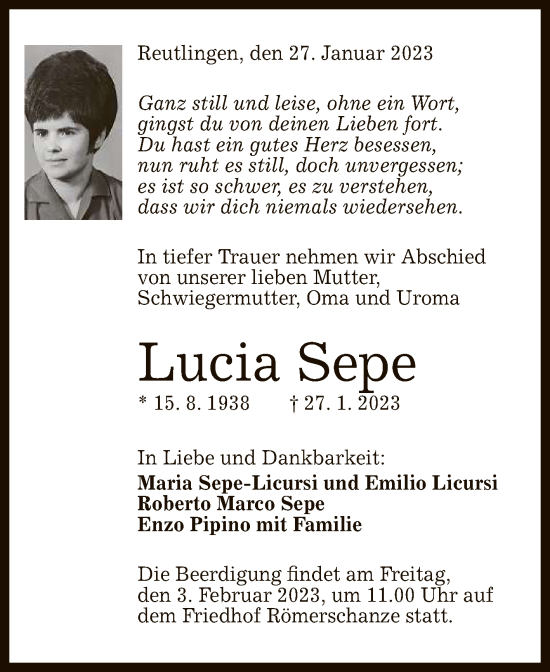 Anzeige von Lucia Sepe von Reutlinger General-Anzeiger