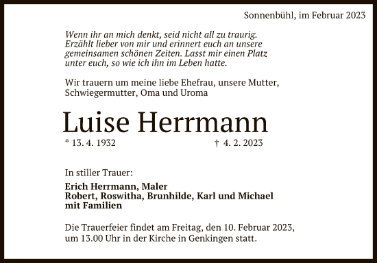 Anzeige von Luise Herrmann von Reutlinger General-Anzeiger