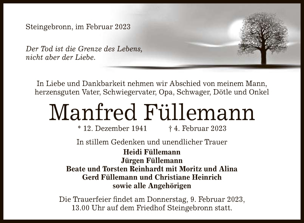  Traueranzeige für Manfred Füllemann vom 08.02.2023 aus Reutlinger General-Anzeiger