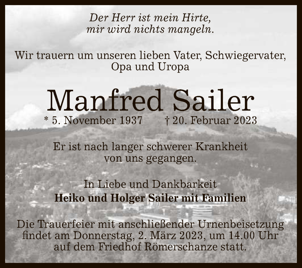  Traueranzeige für Manfred Sailer vom 28.02.2023 aus Reutlinger General-Anzeiger