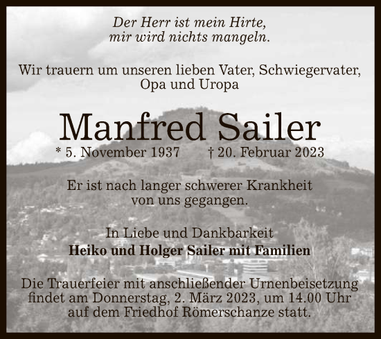 Anzeige von Manfred Sailer von Reutlinger General-Anzeiger