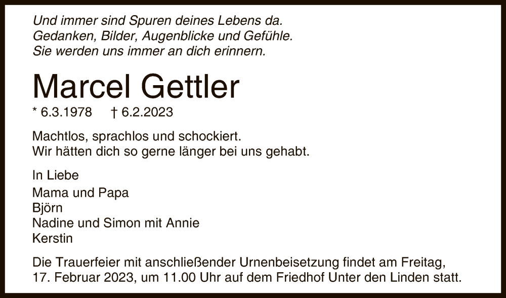  Traueranzeige für Marcel Gettler vom 11.02.2023 aus Reutlinger General-Anzeiger
