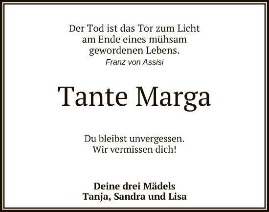 Anzeige von Marga  von Reutlinger General-Anzeiger