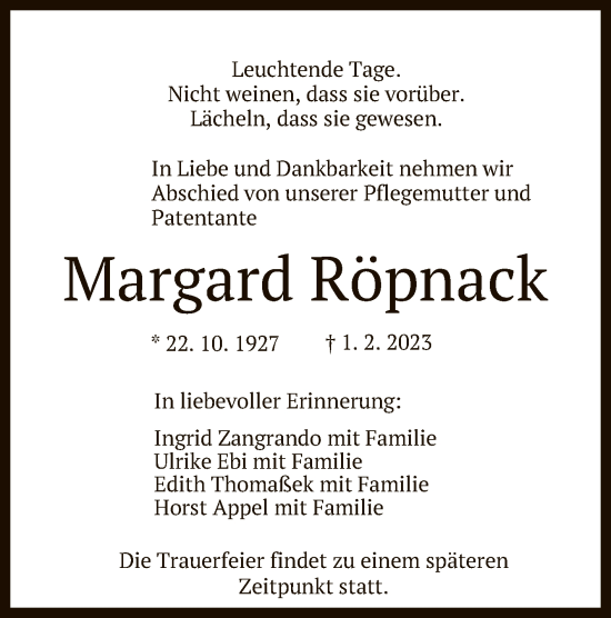 Anzeige von Margard Röpnack von Reutlinger General-Anzeiger