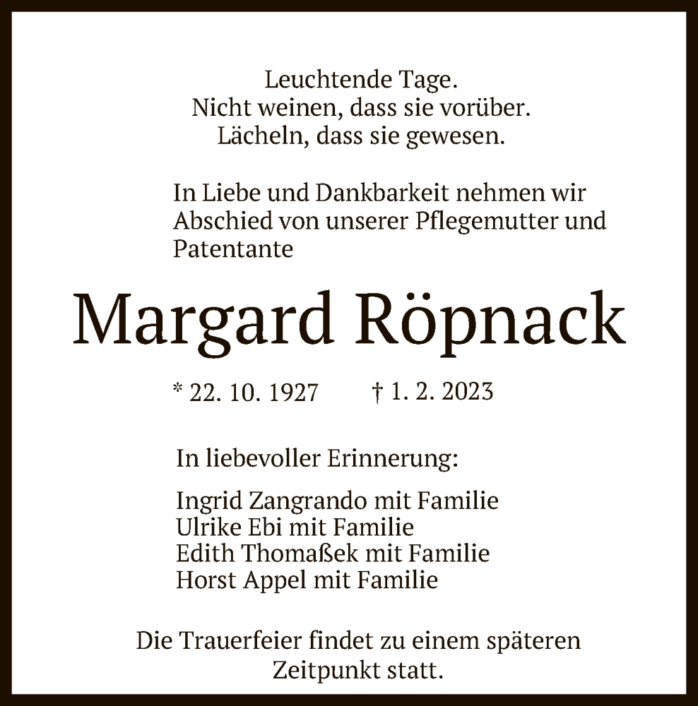  Traueranzeige für Margard Röpnack vom 07.02.2023 aus Reutlinger General-Anzeiger