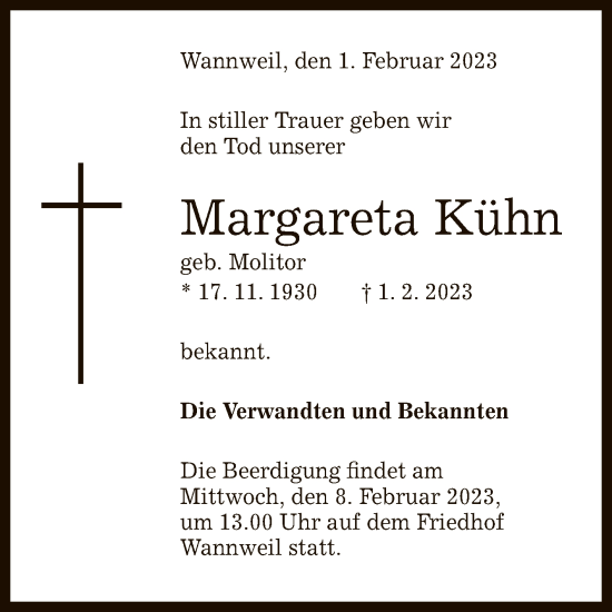 Anzeige von Margareta Kühn von Reutlinger General-Anzeiger