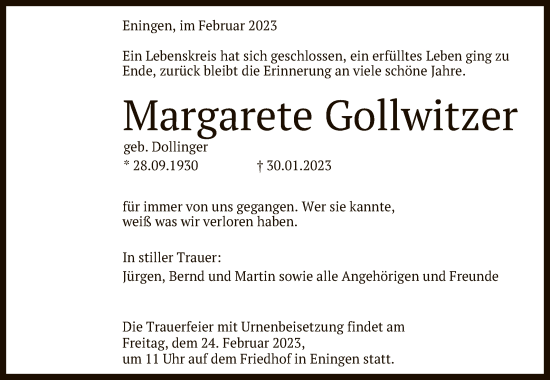Anzeige von Margarete Gollwitzer von Reutlinger General-Anzeiger