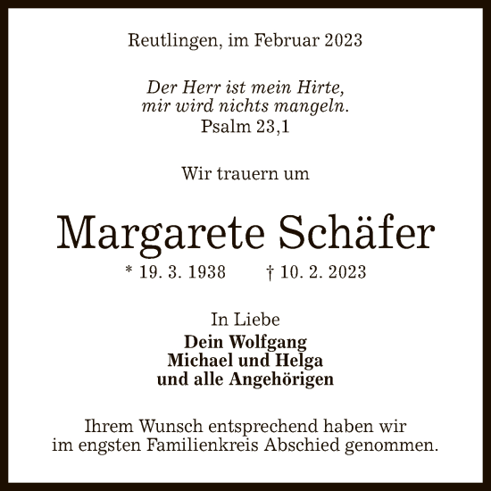 Anzeige von Margarete Schäfer von Reutlinger General-Anzeiger