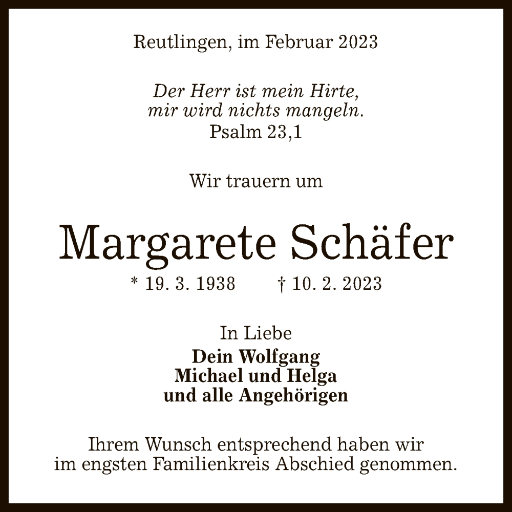  Traueranzeige für Margarete Schäfer vom 25.02.2023 aus Reutlinger General-Anzeiger