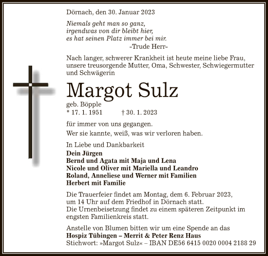 Anzeige von Margot Sulz von Reutlinger General-Anzeiger