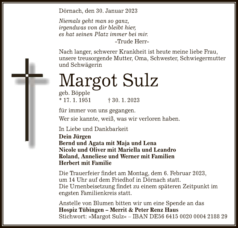  Traueranzeige für Margot Sulz vom 02.02.2023 aus Reutlinger General-Anzeiger