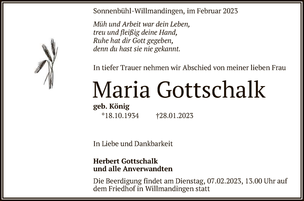  Traueranzeige für Maria Gottschalk vom 04.02.2023 aus Reutlinger General-Anzeiger