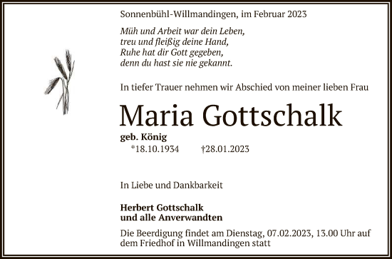 Anzeige von Maria Gottschalk von Reutlinger General-Anzeiger
