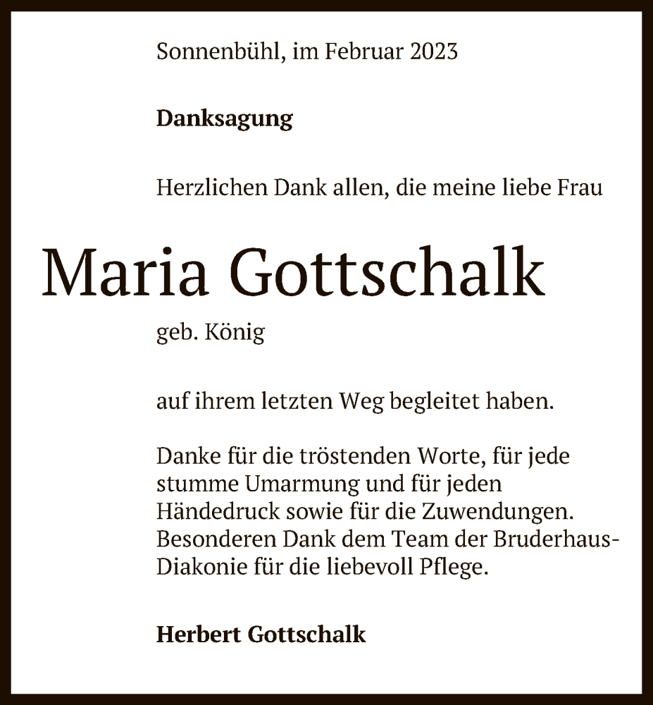  Traueranzeige für Maria Gottschalk vom 18.02.2023 aus Reutlinger General-Anzeiger