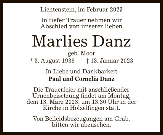 Anzeige von Marlies Danz von Reutlinger General-Anzeiger