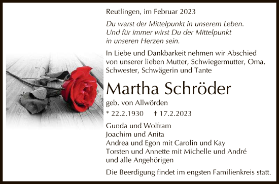 Anzeige von Martha Schröder von Reutlinger General-Anzeiger