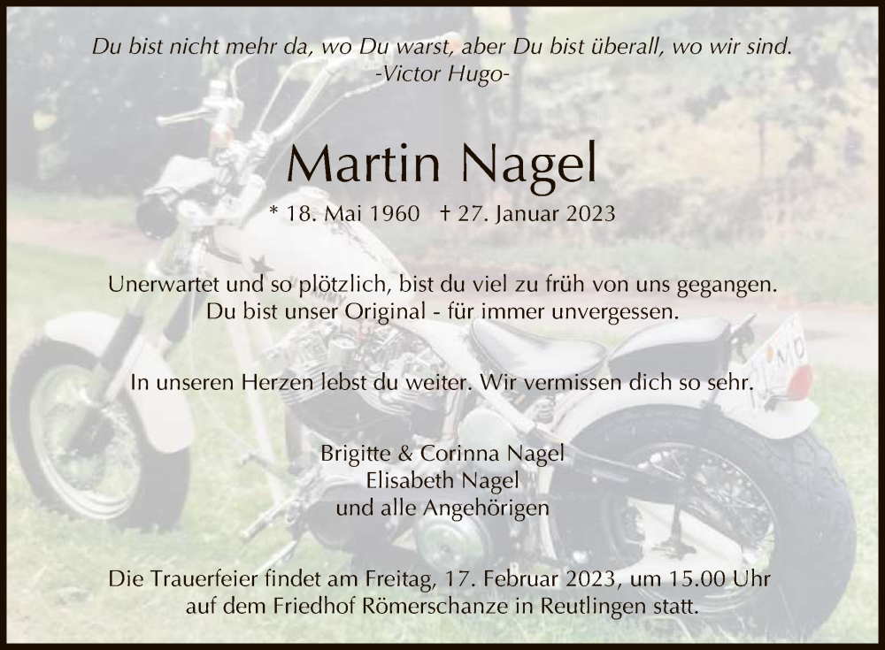  Traueranzeige für Martin Nagel vom 16.02.2023 aus Reutlinger General-Anzeiger