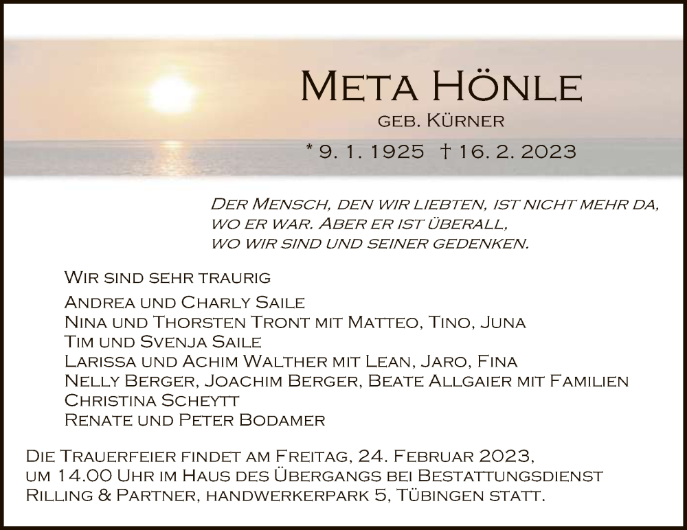 Traueranzeige für Meta Hönle vom 21.02.2023 aus Reutlinger General-Anzeiger
