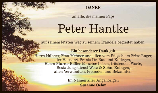 Anzeige von Peter Hantke von Reutlinger General-Anzeiger