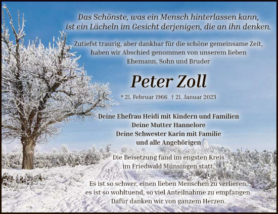 Anzeige von Peter Zoll von Reutlinger General-Anzeiger