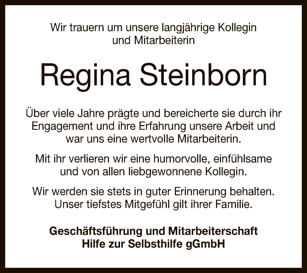  Traueranzeige für Regina Steinborn vom 22.02.2023 aus Reutlinger General-Anzeiger