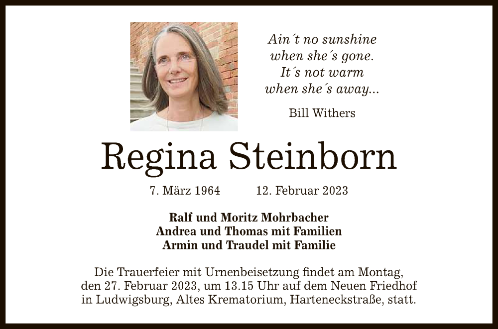  Traueranzeige für Regina Steinborn vom 18.02.2023 aus Reutlinger General-Anzeiger