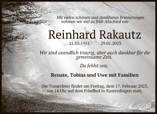 Anzeige von Reinhard Rakautz von Reutlinger General-Anzeiger